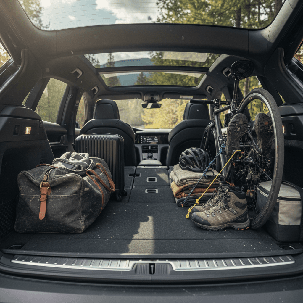 Porsche Taycan Cross Turismo with rear seats folded and cargo loaded on a flat floor