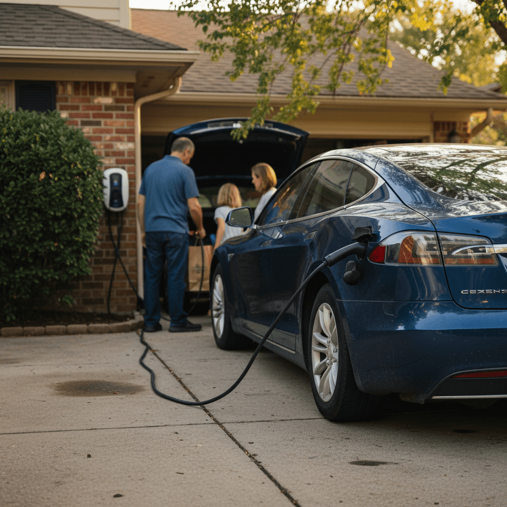 Family charging an electric car in a home driveway using a Level 2 charger