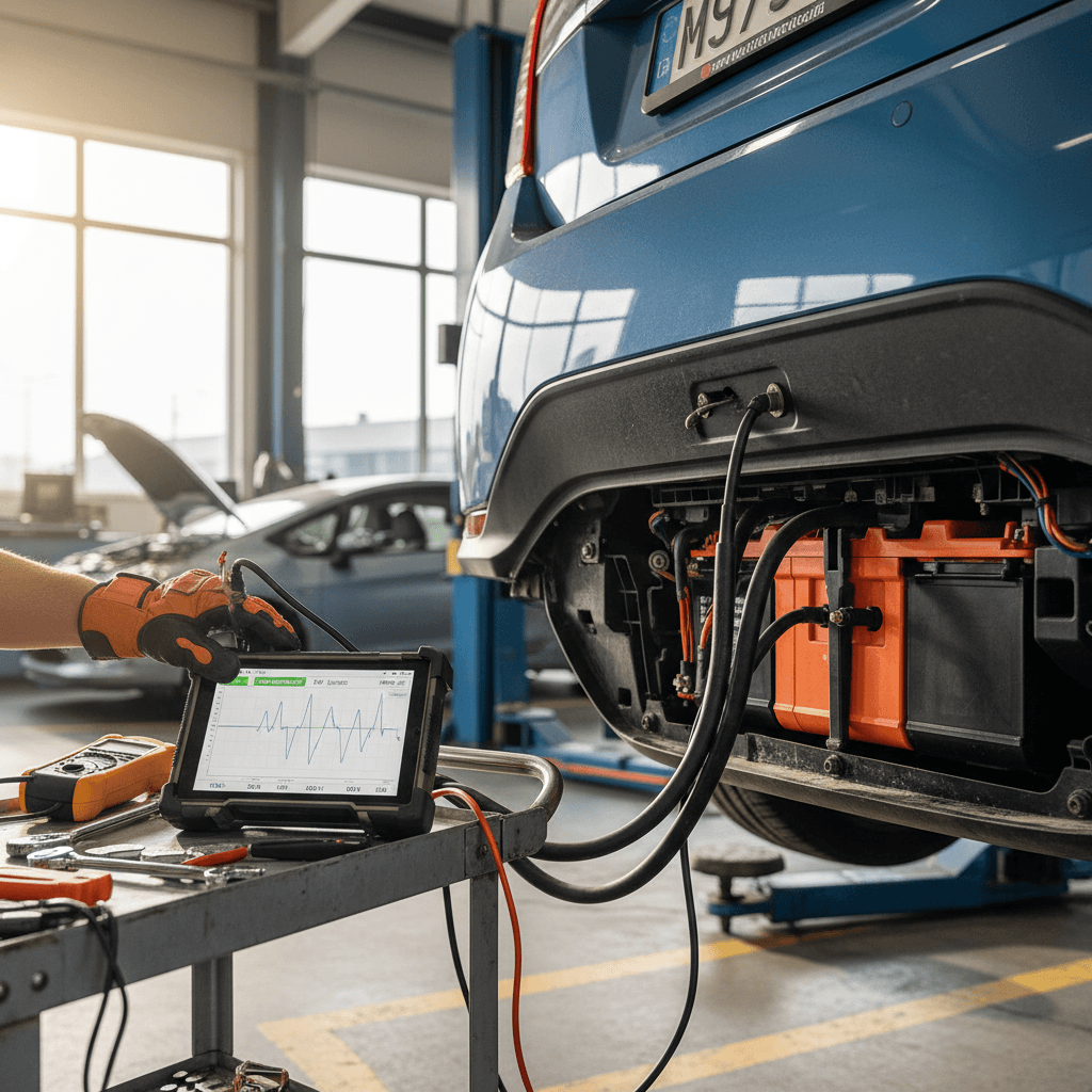 Hybrid mechanic using a diagnostic tablet while working on a hybrid vehicle in a service bay