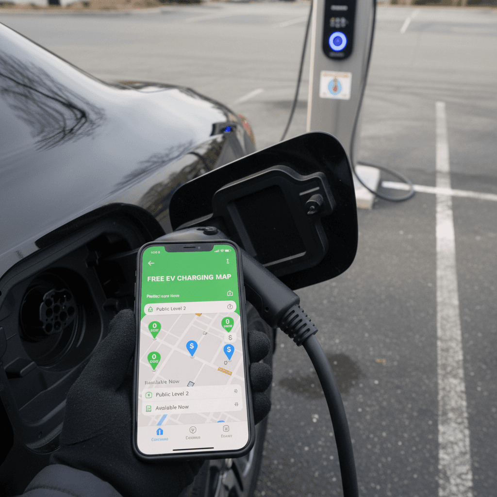 EV driver using a charging map app on a smartphone while their car charges at a free public Level 2 station in a parking lot