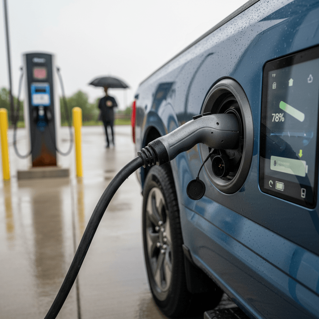 Ford F-150 Lightning connected to a DC fast charger with battery status visible on the dash