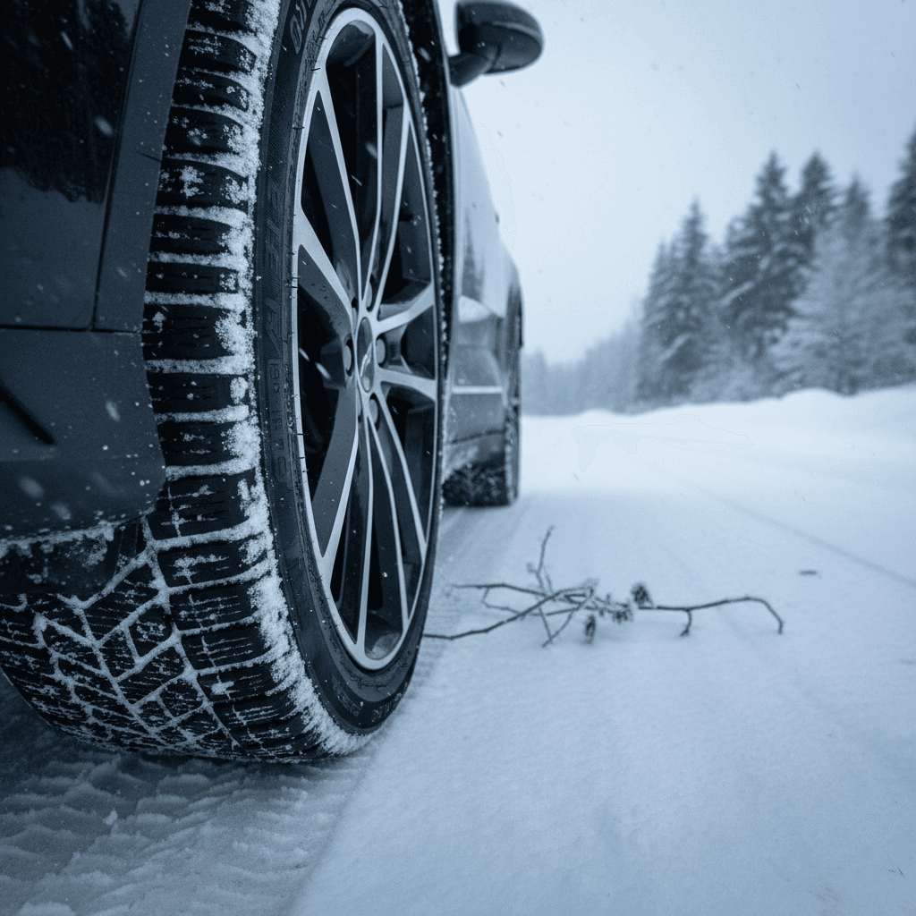 Close-up of a Polestar 2 winter tire with deep tread blocks gripping a snowy road surface