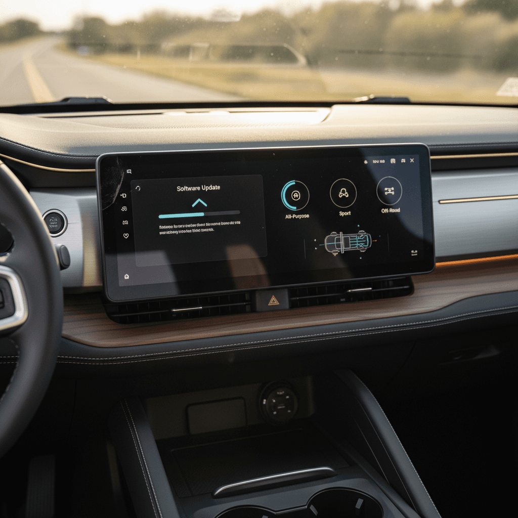 Rivian R1S center screen showing software update interface and drive mode controls