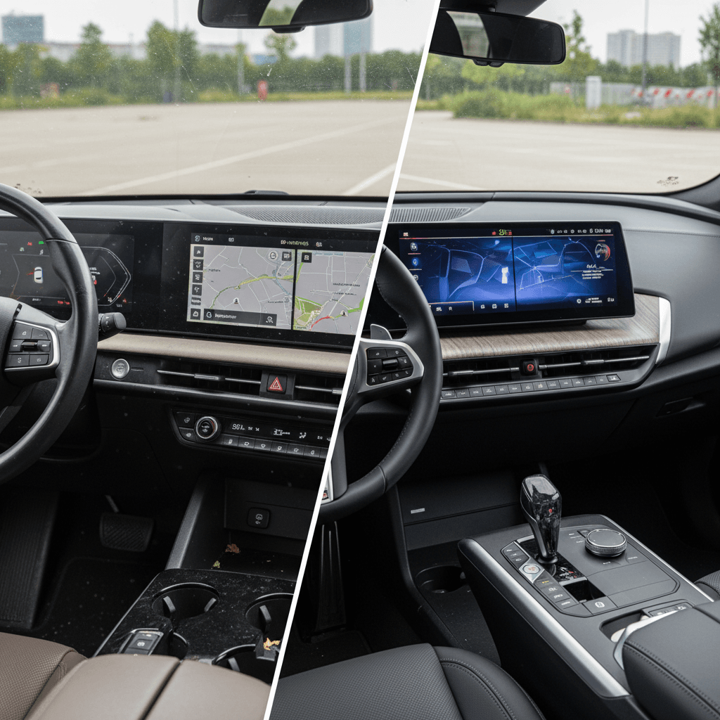 Digital cockpits in BMW iX and Audi Q8 e-tron showing screens and steering wheels at night