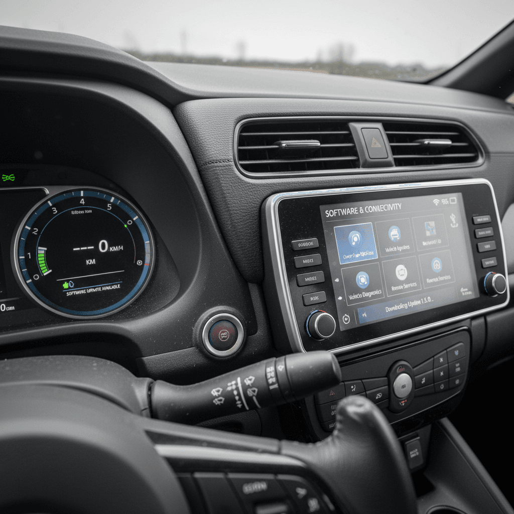 Nissan Leaf dashboard showing infotainment and instrument cluster with menus for settings and updates