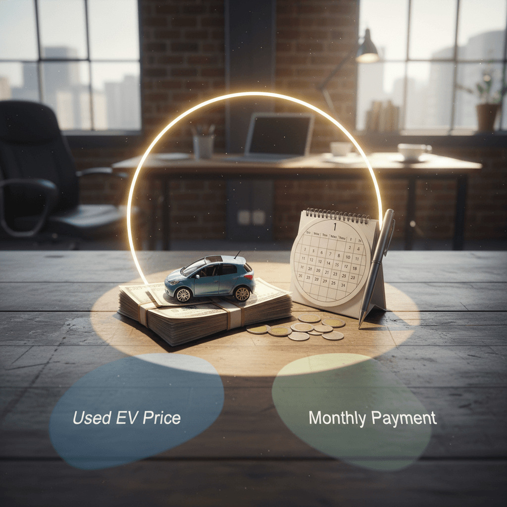 Simple diagram showing used EV price, down payment, and resulting monthly payment to illustrate how they relate