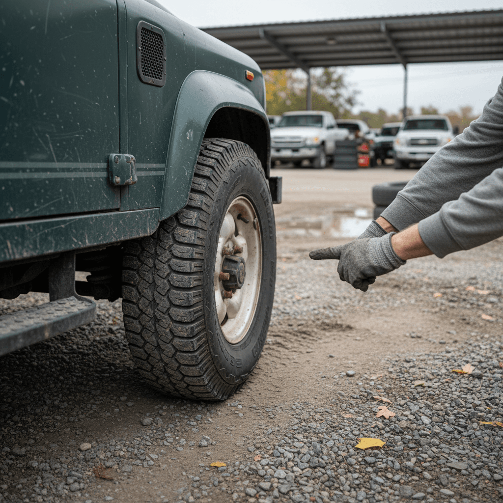 Mechanic inspecting the undercarriage and frame of a used 4x4 SUV on a lift