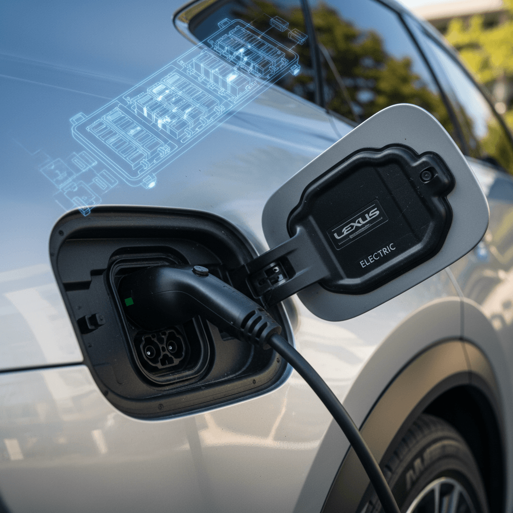 Lexus RZ 450e plugged into a DC fast charger showing battery status on the driver display