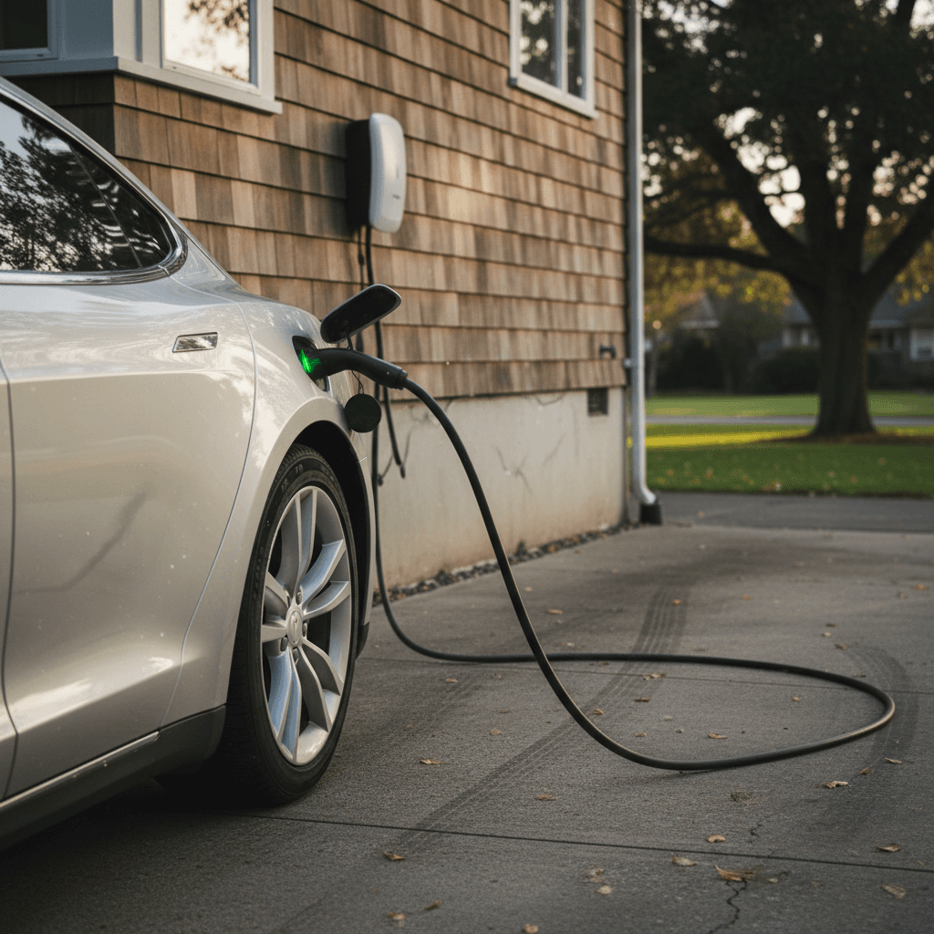 Used Tesla Model S parked in a residential driveway connected to a home charger