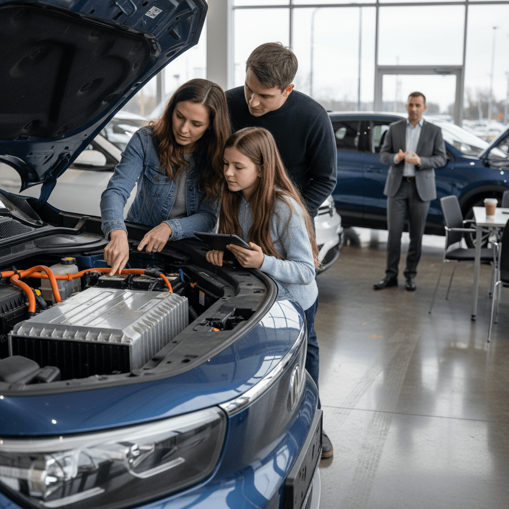 Closeup of an electric car dashboard showing battery state-of-charge and remaining driving range