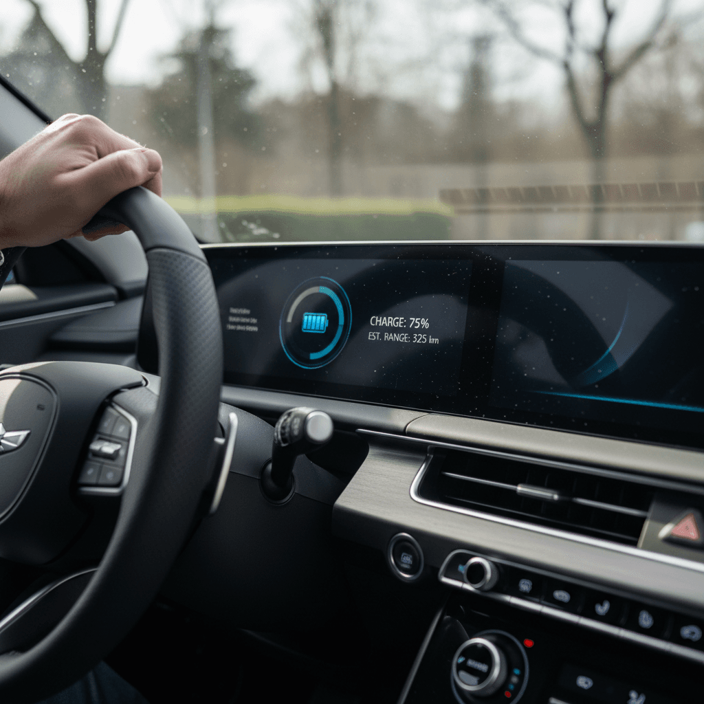 Genesis GV60 digital dashboard showing battery charge level and estimated driving range during a test drive