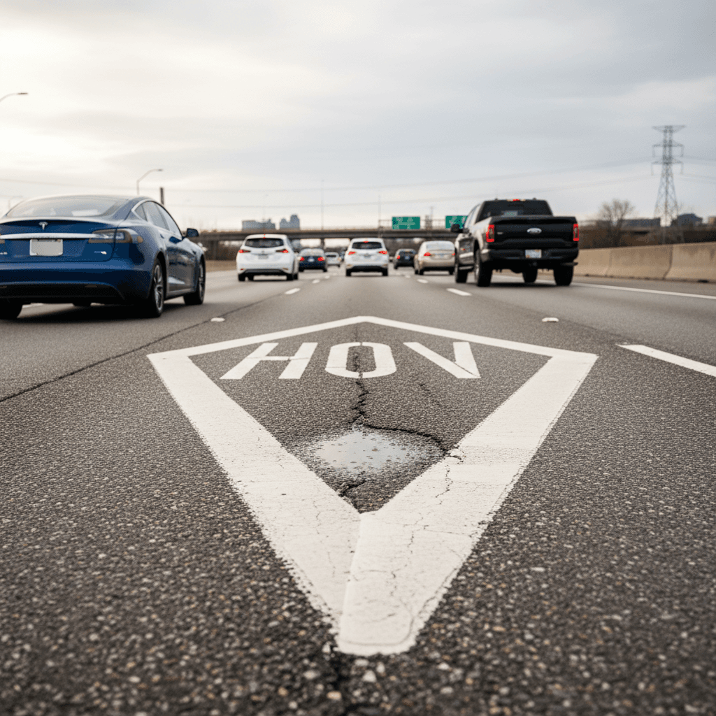 Diamond-marked HOV lane on a New Jersey highway showing mixed traffic including sedans and electric vehicles