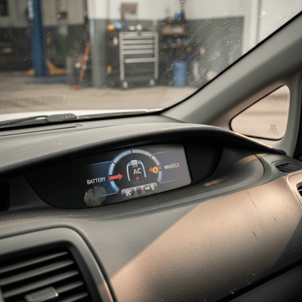 Closeup of car dashboard air conditioning controls set to maximum cool