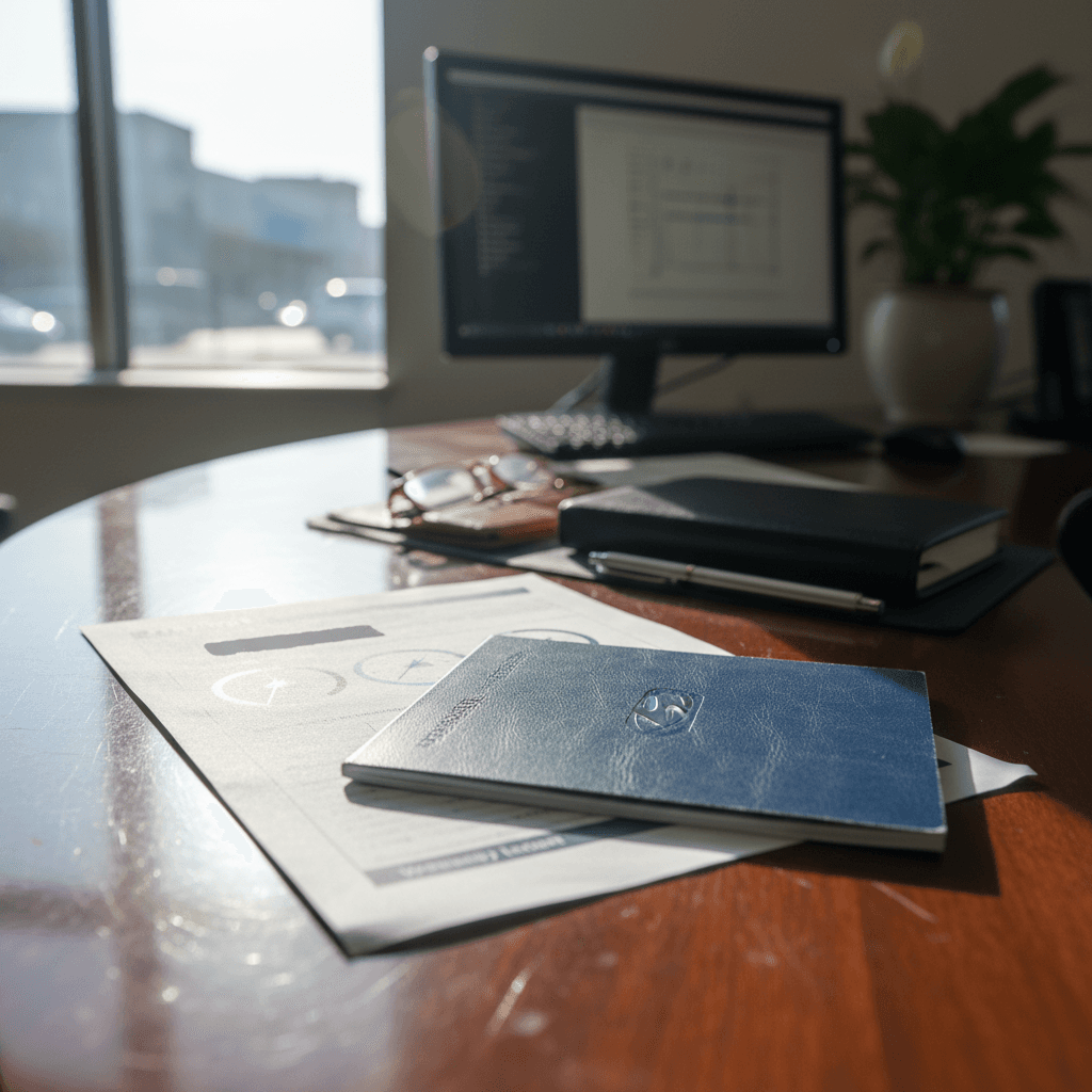 Hyundai EV warranty booklet and digital battery health report on a service advisor’s desk