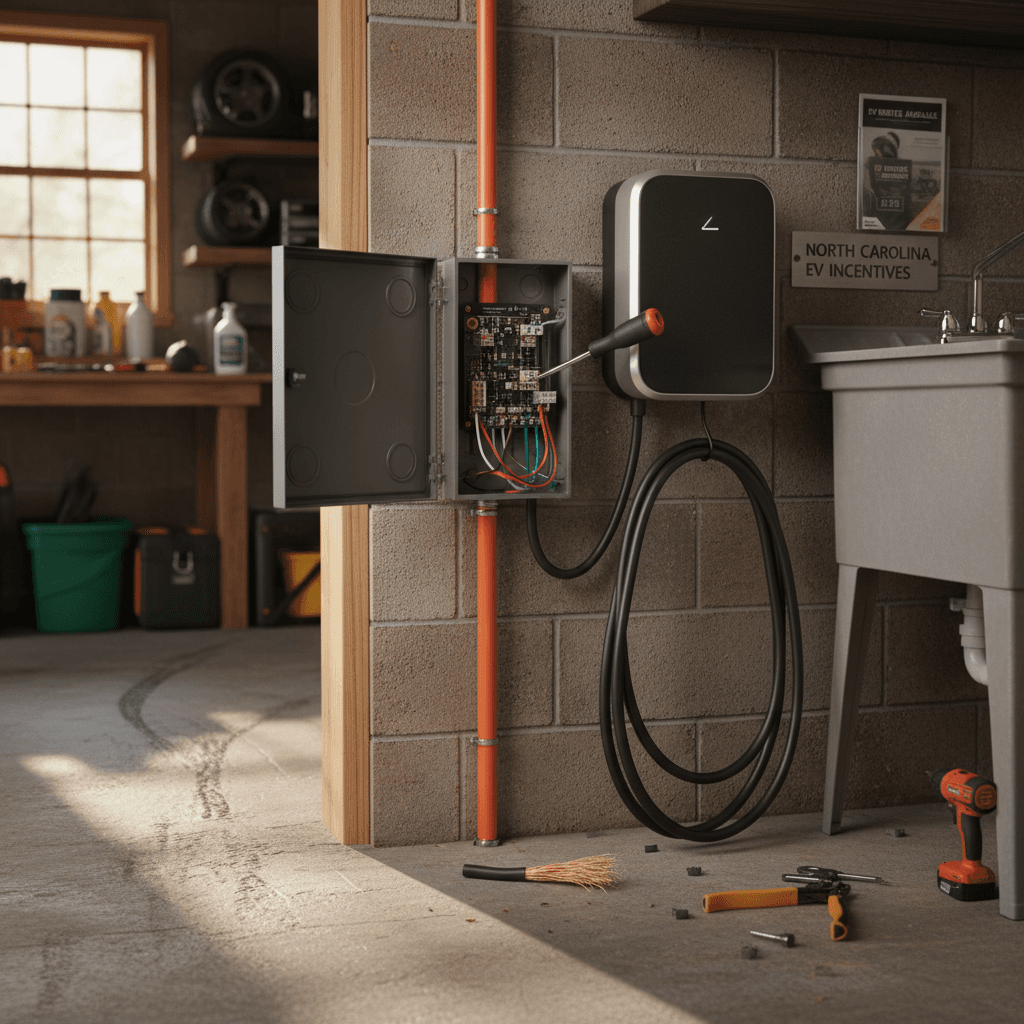Electrician installing a Level 2 EV wall charger in a North Carolina home garage