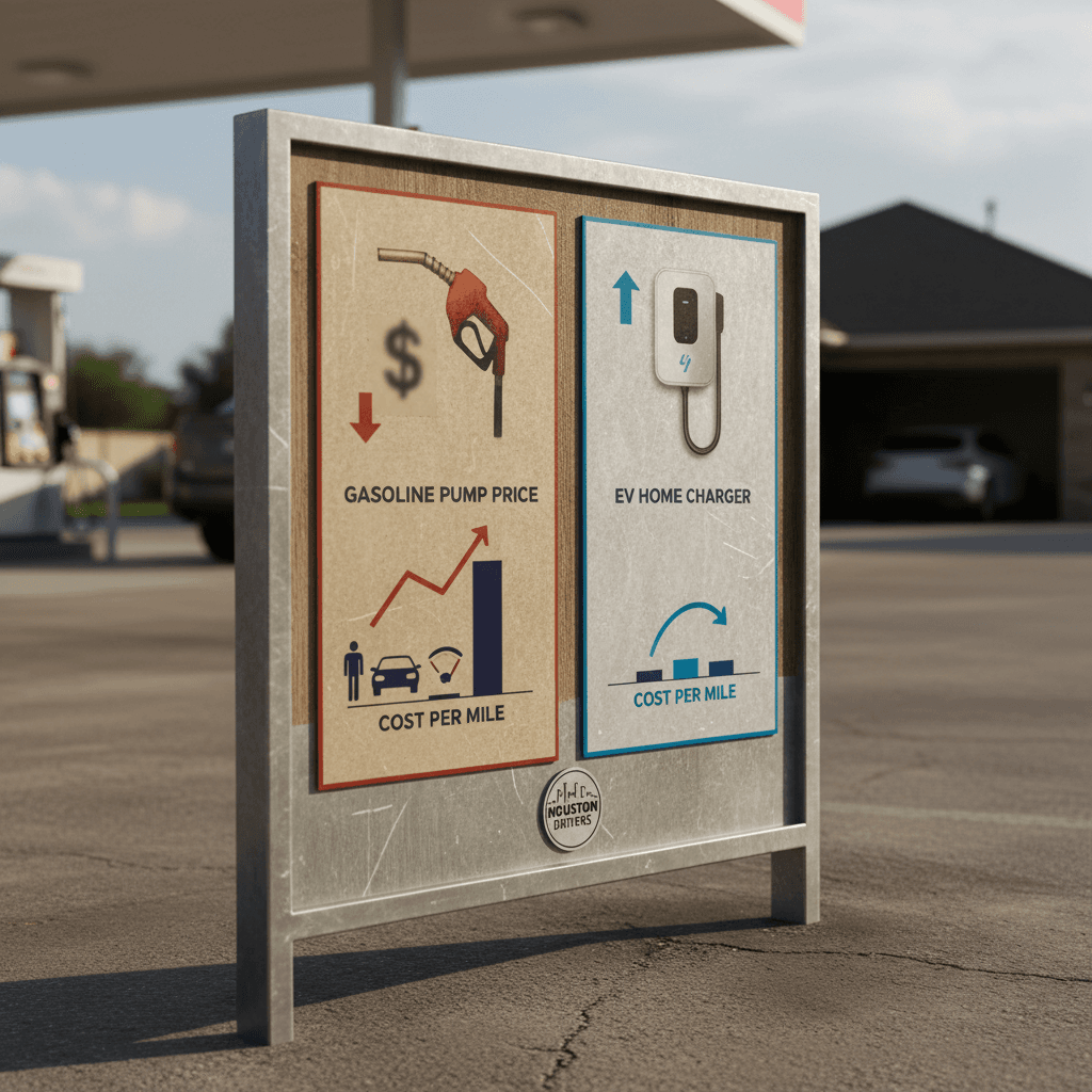 Side‑by‑side visual comparison of gasoline pump cost per mile and EV home charging cost per mile for a typical Houston driver in 2026.