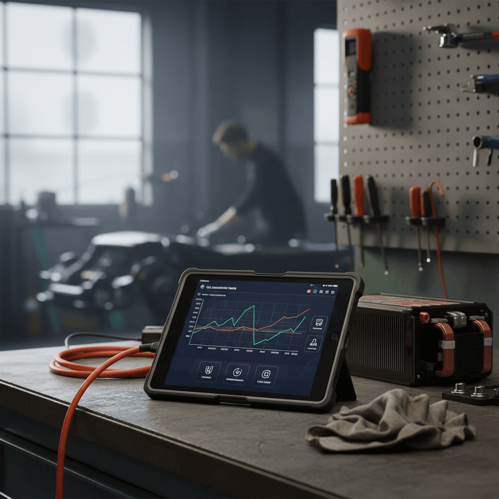 Technician reviewing EV battery health and state-of-charge data on a diagnostic tablet