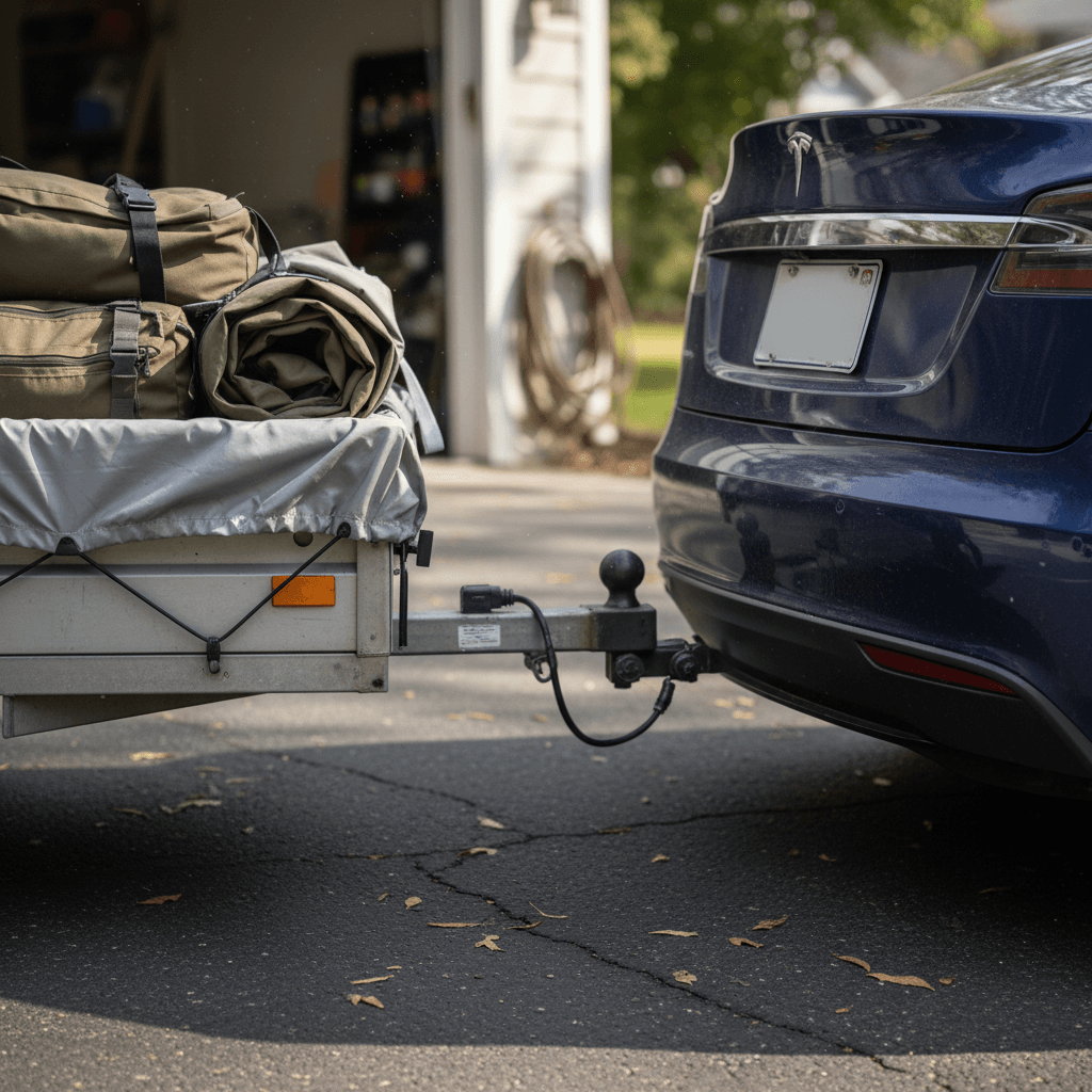 Tesla Model S with a small trailer attached, parked in a driveway before a road trip