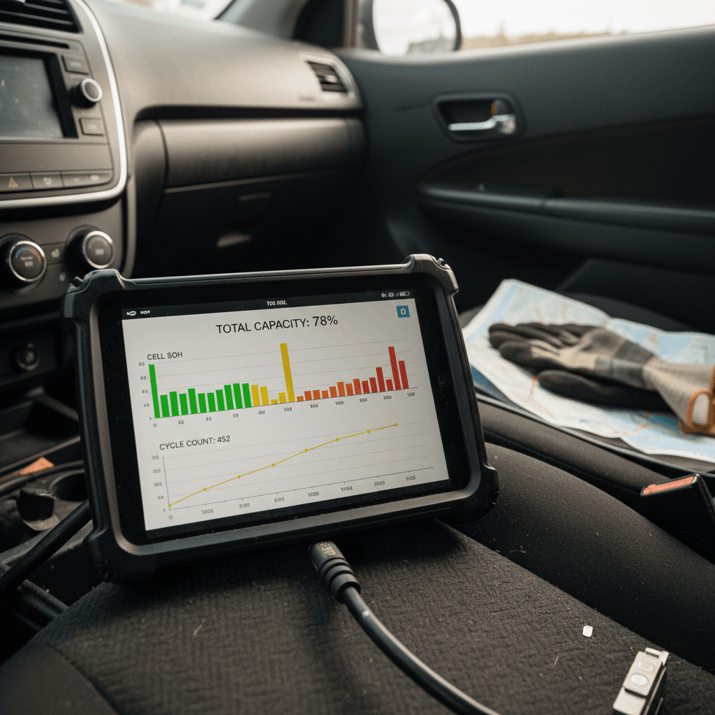 Technician using a tablet to read electric vehicle battery health data
