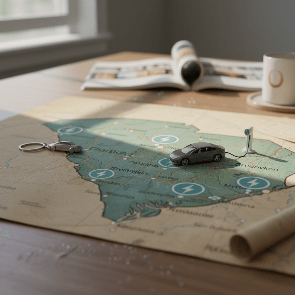 Stylized map of South Carolina showing main cities with EV charging icons and an electric car plugged in