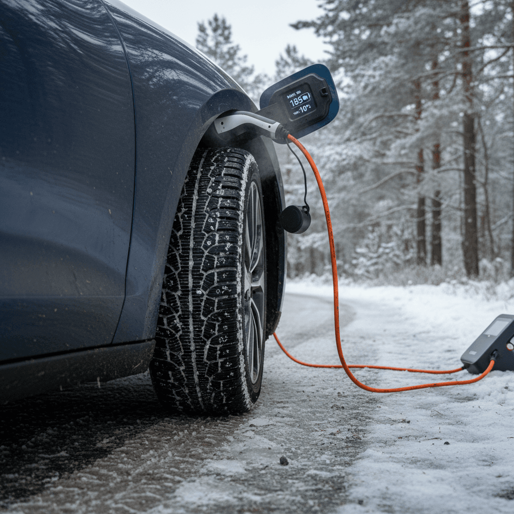 Close-up of electric vehicle winter tire tread pattern in snow