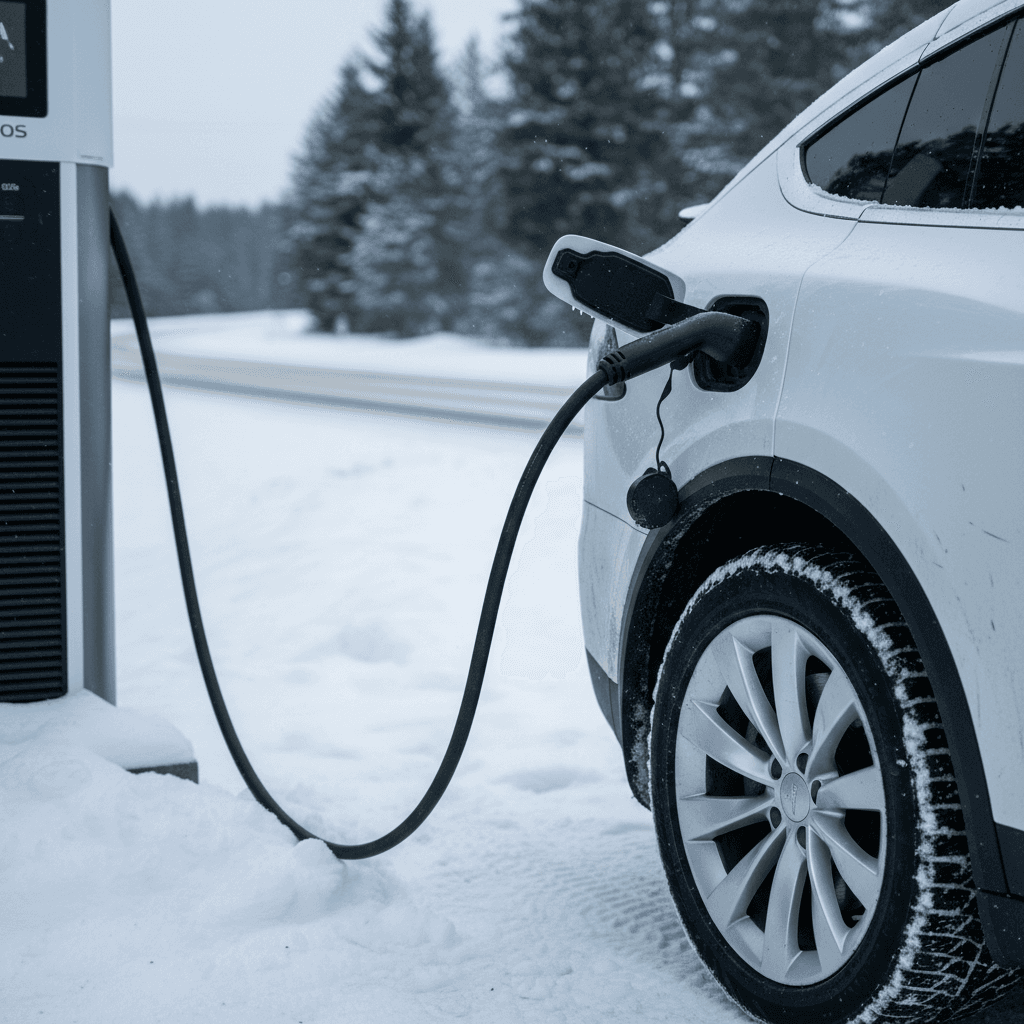 Cadillac Lyriq charging at a public station in light snow with the range estimate visible on the infotainment screen