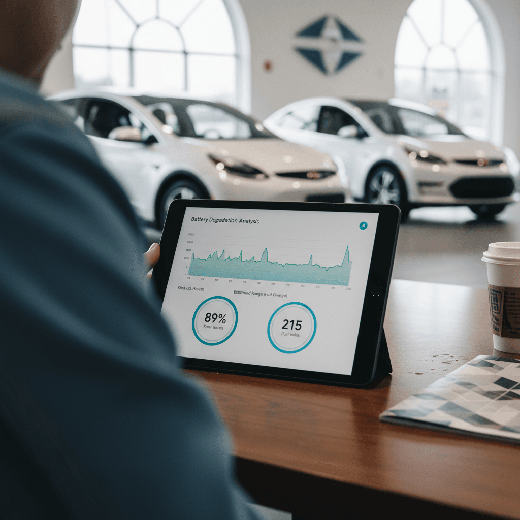 Customer in a bright showroom reviewing a detailed battery health and pricing report for a used electric car on a tablet.