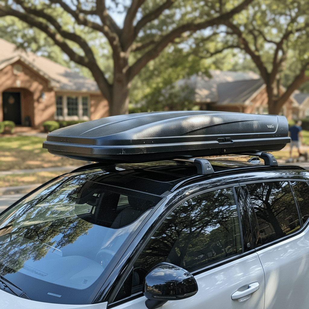 Volvo EX30 with a medium roof box mounted on factory crossbars in a residential driveway
