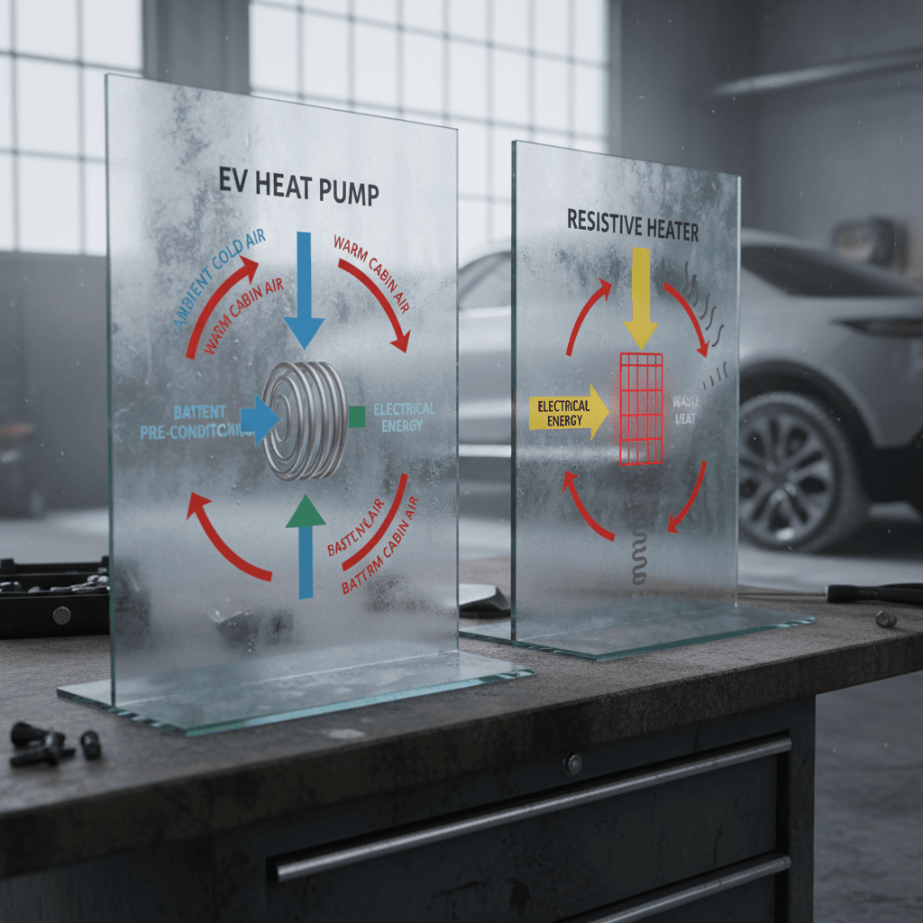 Simplified diagram contrasting energy flow of an EV heat pump versus a resistive heater in cold conditions