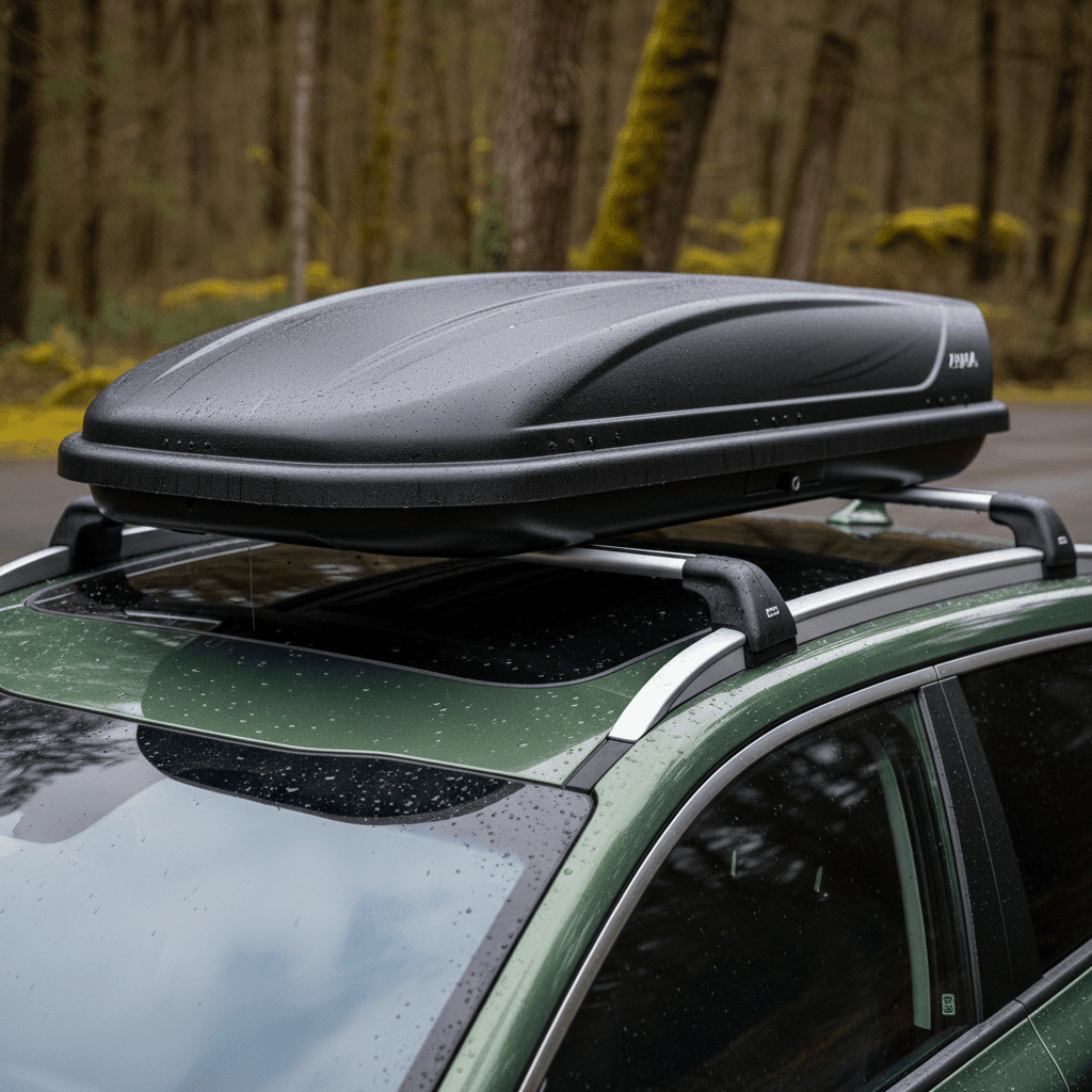 Kia Niro EV factory roof rails with sleek crossbars and a compact cargo box installed