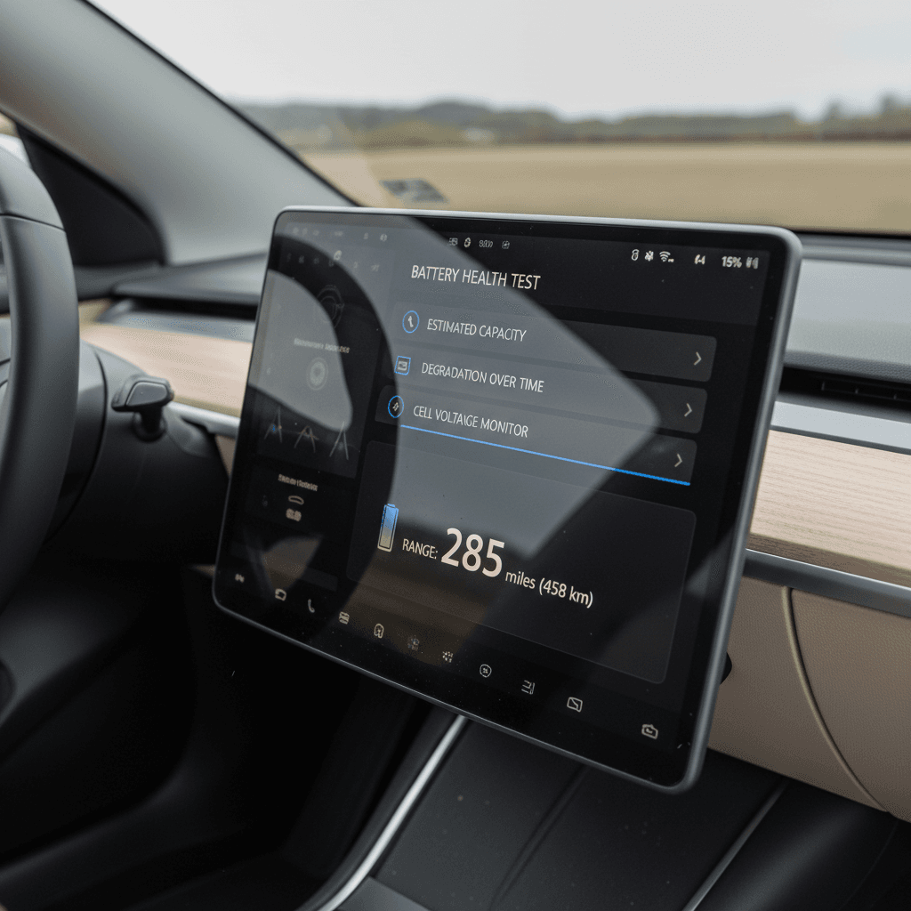 Tesla Model Y center screen showing battery state of charge and service menu options for battery health test