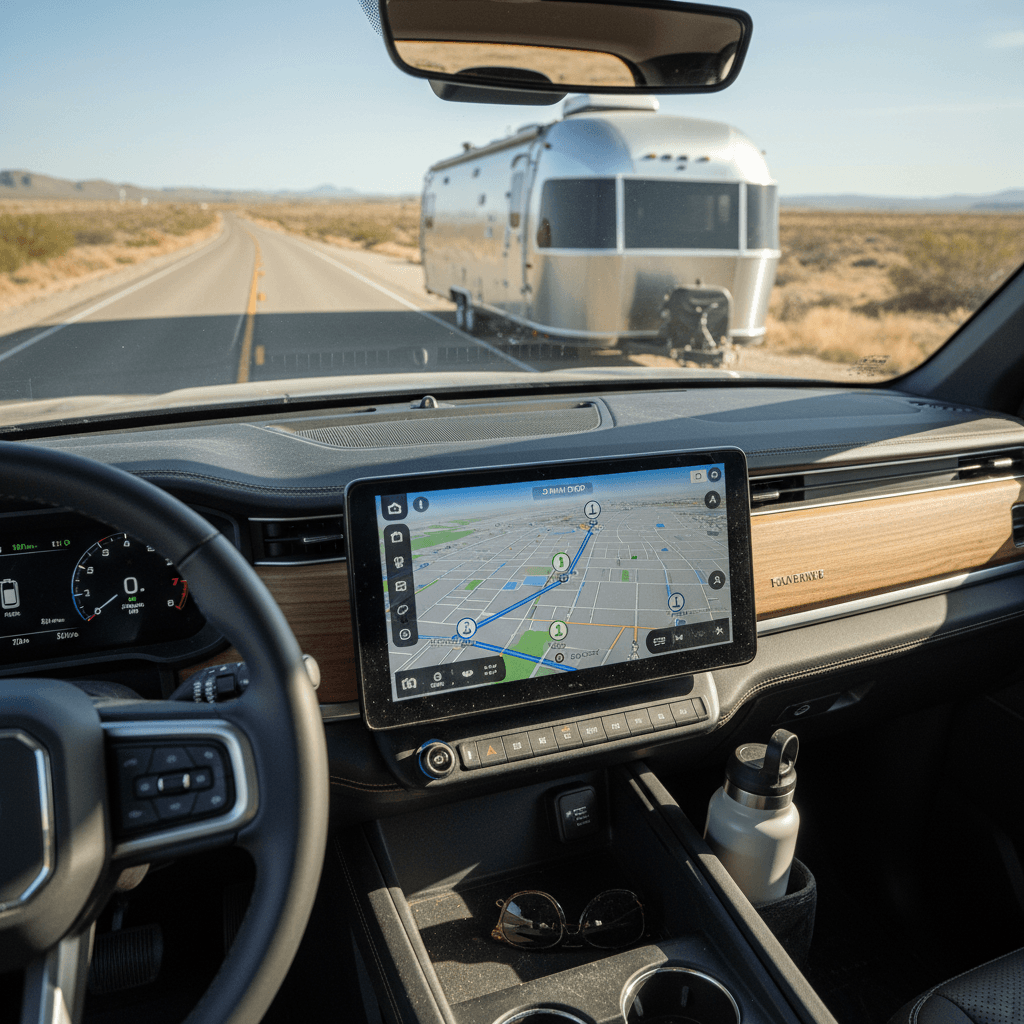 Rivian R1T interior showing navigation with multiple charging stops planned for a road trip
