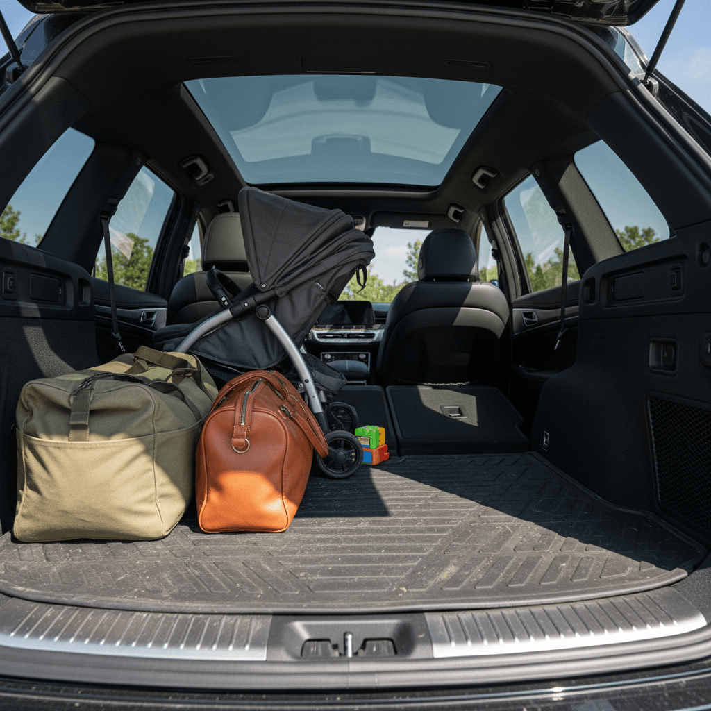 Genesis Electrified GV70 rear cargo area with luggage and a folded rear seat section