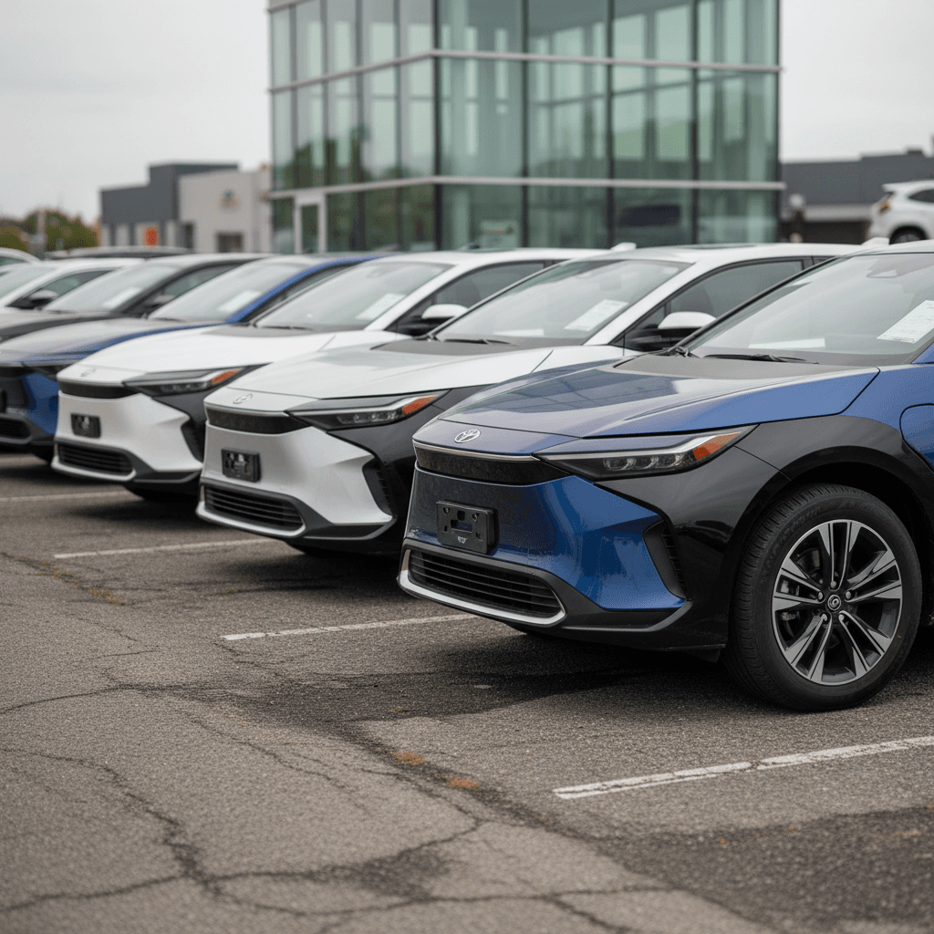 Row of used Toyota bZ4X electric SUVs parked on a dealer lot, illustrating how quickly EVs reach the used market