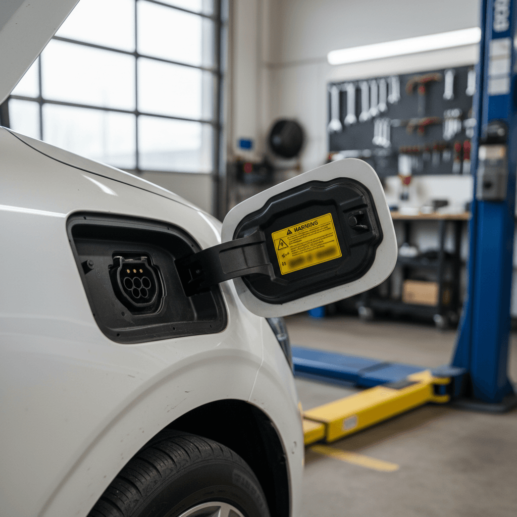 Technician inspecting the high-voltage battery system of a Genesis GV60 on a lift