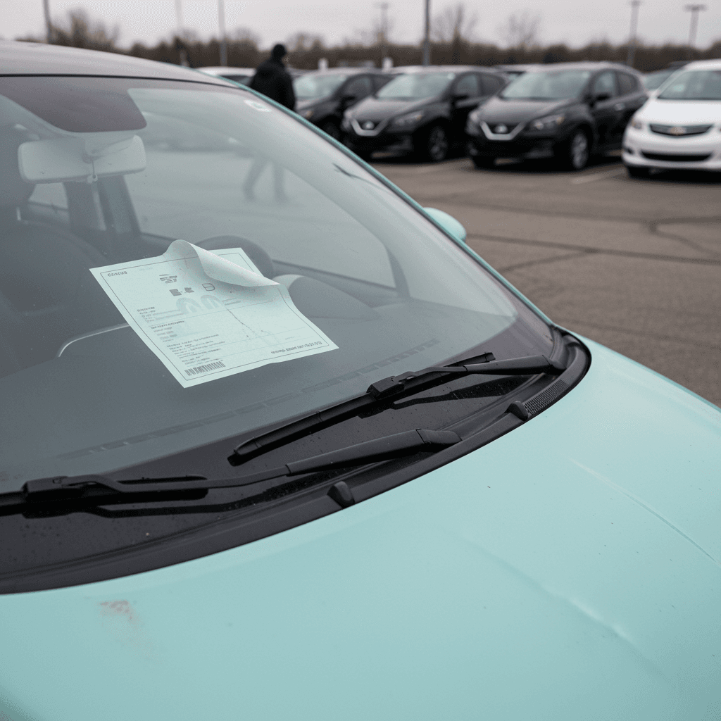 Row of used Fiat 500e hatchbacks parked at a dealership lot with price stickers visible