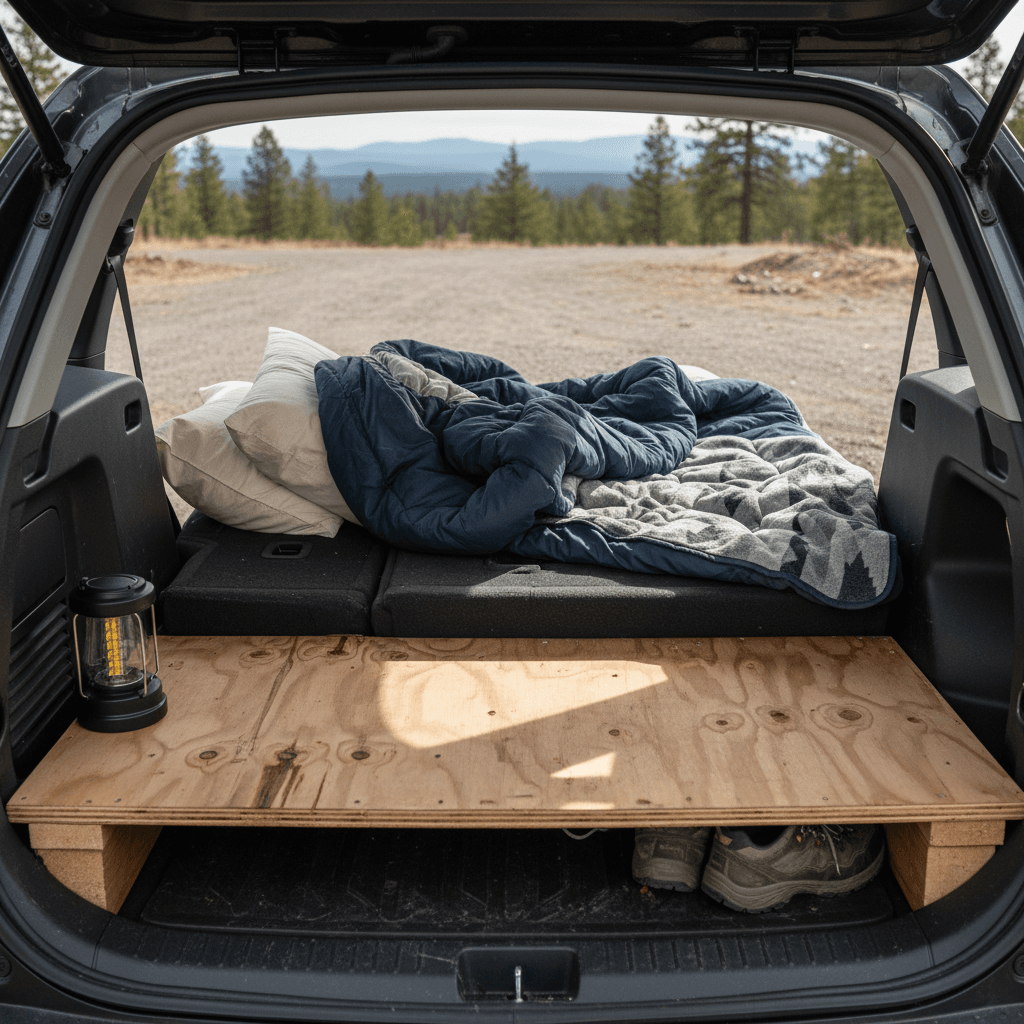 Chevrolet Bolt EV rear seats folded flat with a small sleeping platform and bedding for car camping