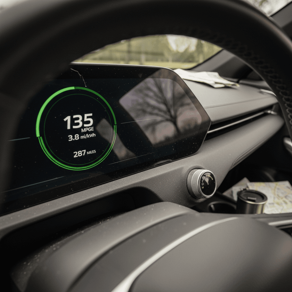 Digital instrument cluster showing electric vehicle energy consumption and range estimate