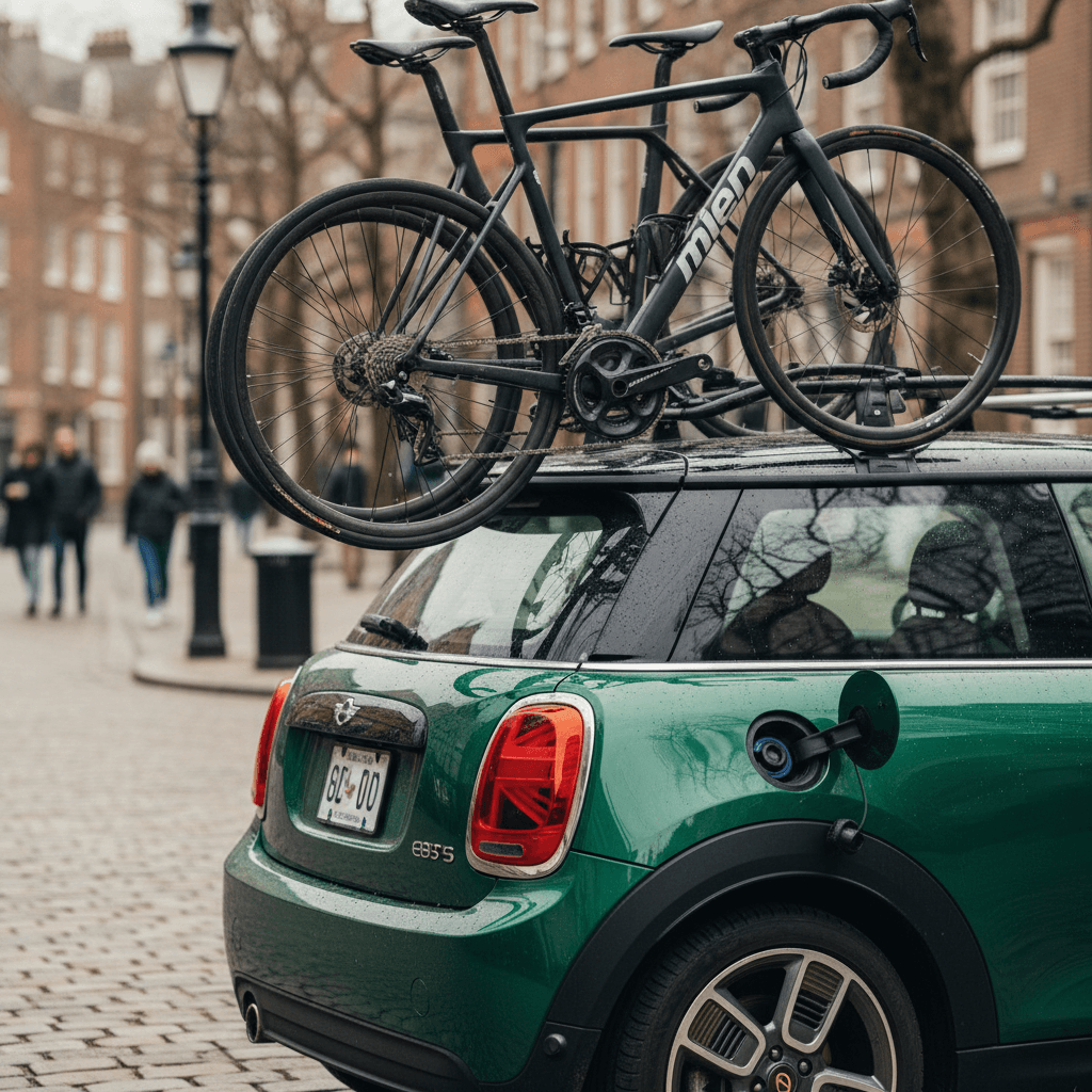 Mini Cooper SE with roof rack and two bikes mounted, showing how roof trays sit above the short hatchback roofline