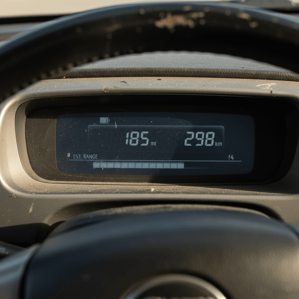 Electric car dashboard showing estimated driving range remaining on battery