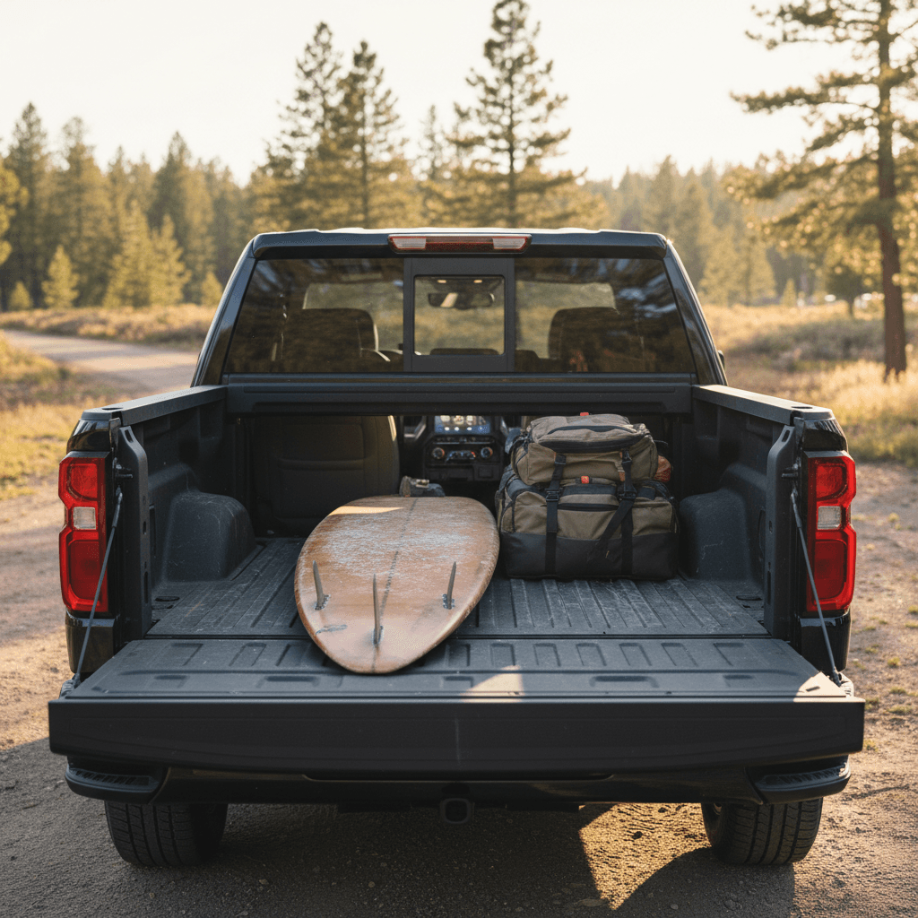 Chevrolet Silverado EV viewed from the open tailgate, showing rear seats folded flat and Midgate open to create a long continuous cargo floor for camping or hauling