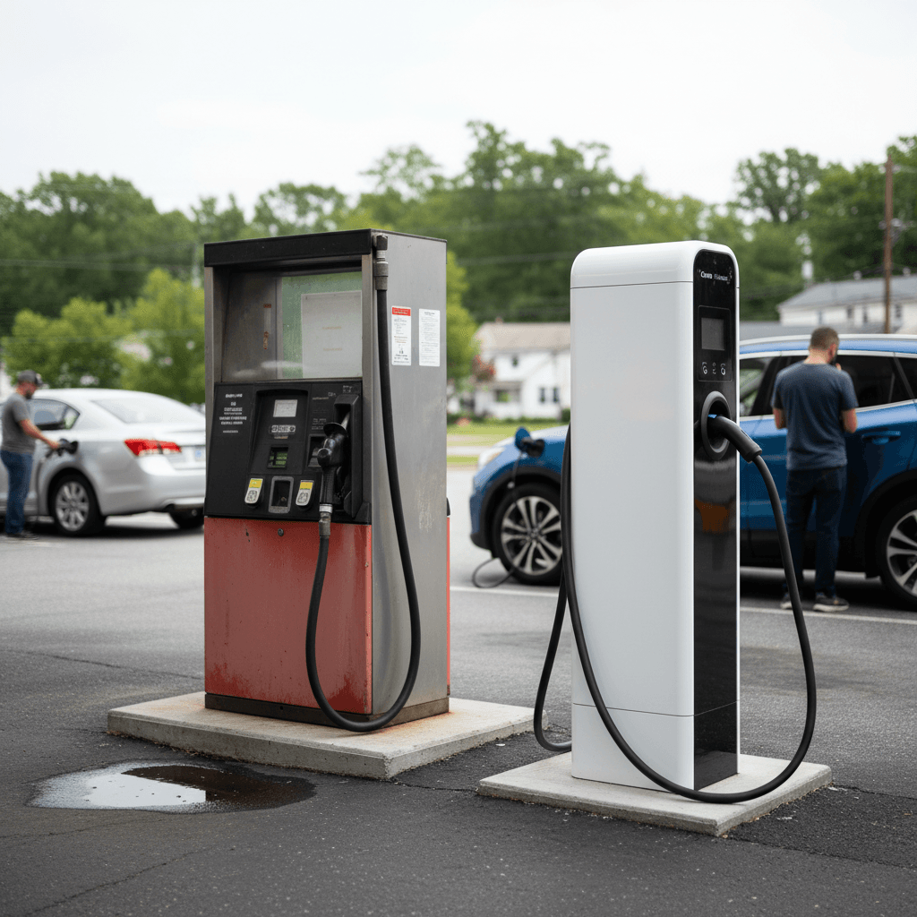 Gas pump and EV charger side by side in a Virginia suburb, illustrating fuel price choices in 2026