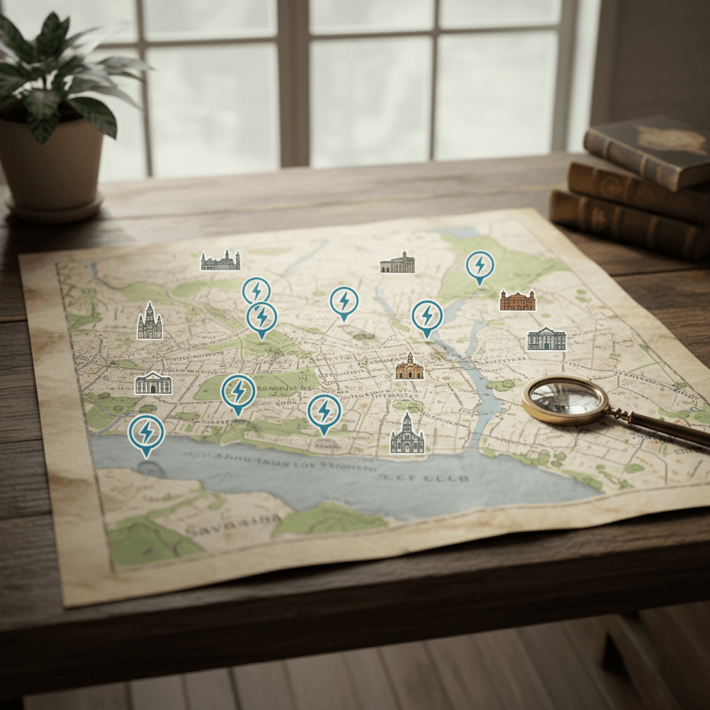 Stylized map of Savannah, Georgia showing clusters of EV charging stations downtown, along Abercorn Street, near I-95, and at nearby state parks like Skidaway Island.