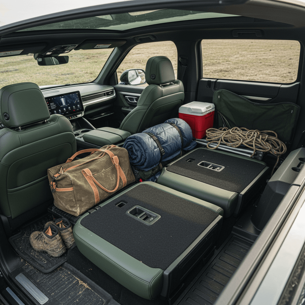 Rivian R1T interior viewed from above with rear seats folded and luggage packed behind the front seats