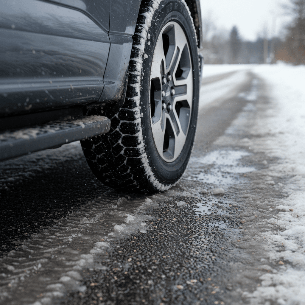 Close-up of a Ford F-150 Lightning front wheel and winter tire driving through slushy snow on a city street
