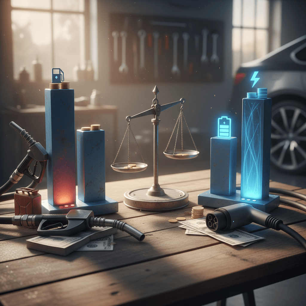 Side-by-side comparison graphic showing estimated monthly gas versus electric fueling costs for an average 1,000-mile-per-month driver.