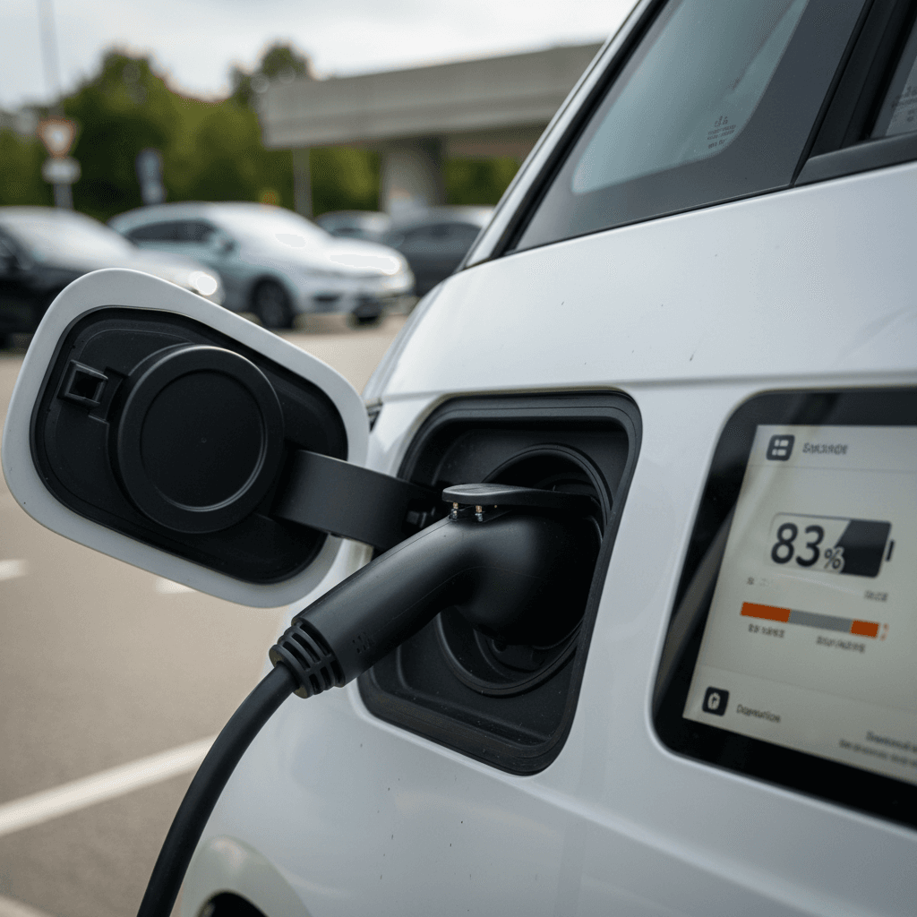 Volkswagen ID. Buzz charge port plugged into a DC fast charger with battery status shown on the infotainment screen