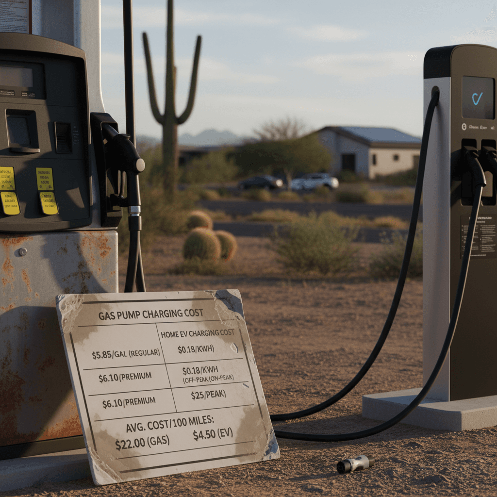 Side-by-side comparison graphic showing gas pump price versus home EV charging price for Phoenix drivers in 2026