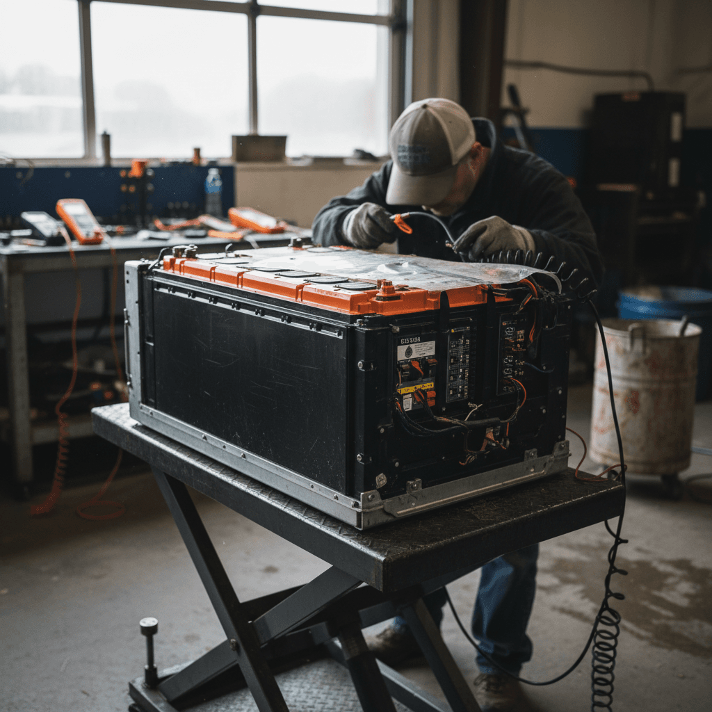 Technician inspecting an electric vehicle battery pack removed from the underside of a car