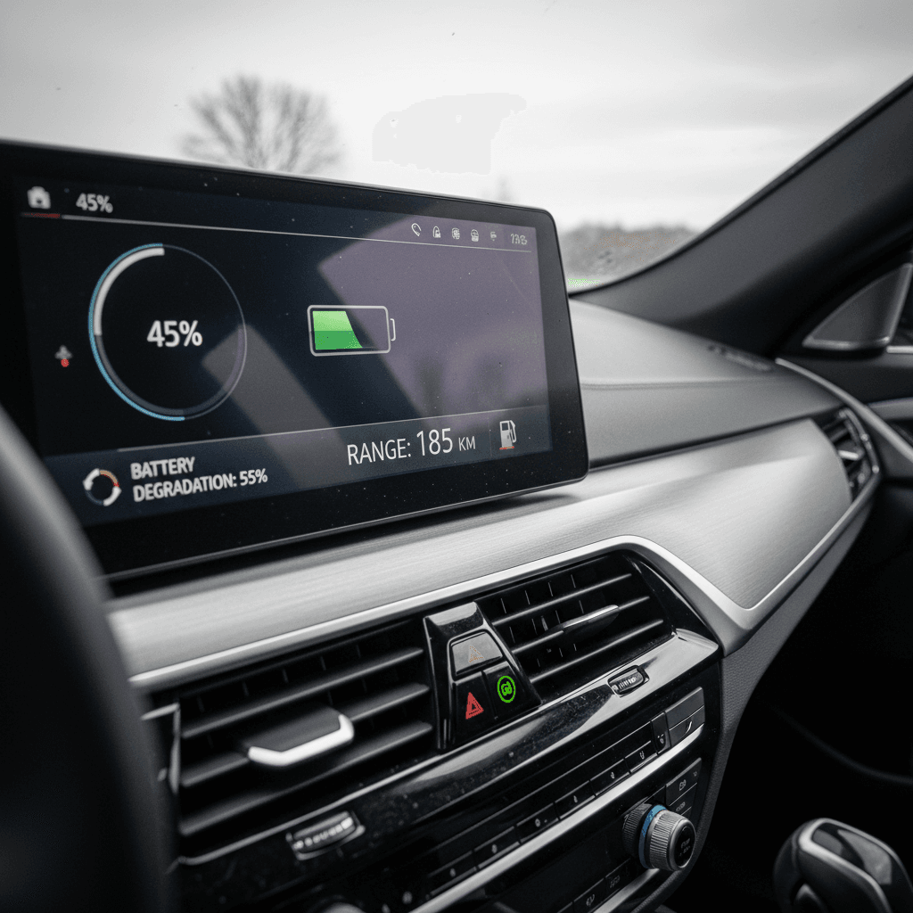 BMW i5 digital instrument cluster showing remaining range and battery health indicators